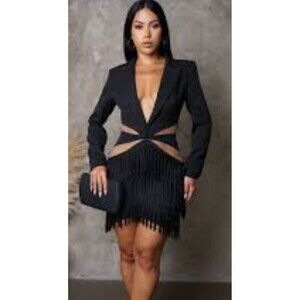 Blithe Blazer Dress Fringe Bodycon Sheer Panels Size S